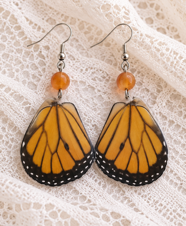 Monarch Butterfly Laminated Hindwing Earrings with Orange Jasper