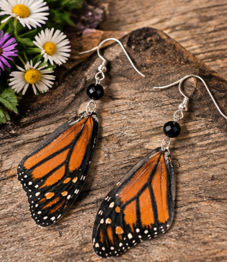 Monarch Butterfly Forewing Black Onyx Earrings