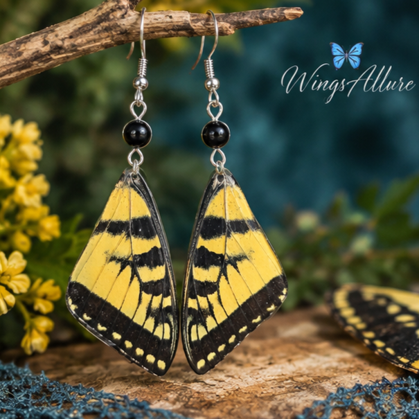 Eastern Tiger Swallowtail Laminated Forewing Earrings with Black Beads