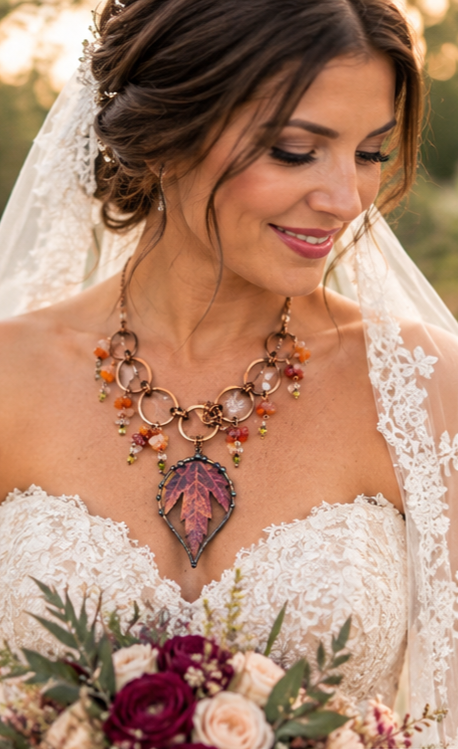 One-of-a-Kind Autumn Maple Leaf Copper Gemstone Necklace