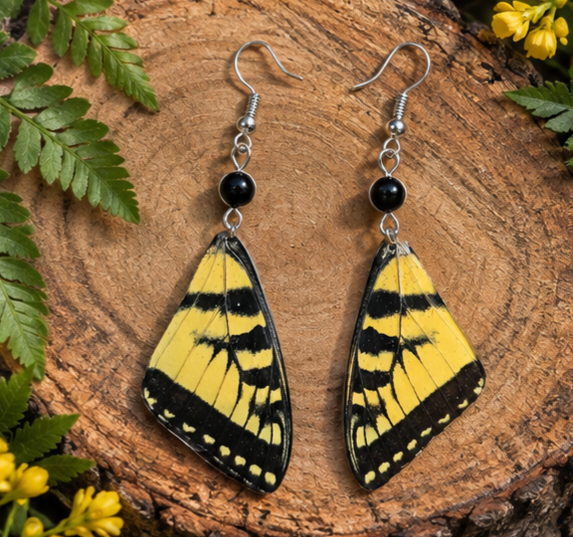 Eastern Tiger Swallowtail Laminated Forewing Earrings with Black Beads