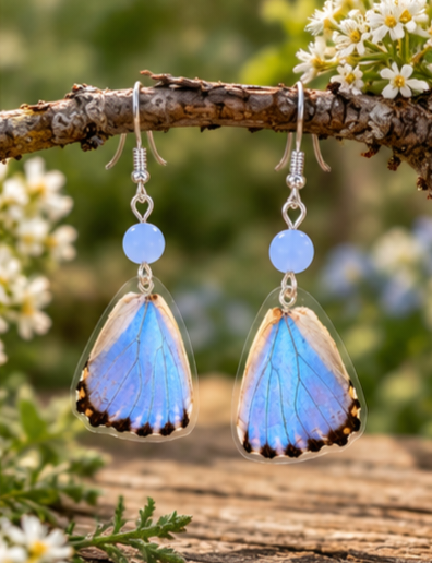 Morpho Portis Butterfly Laminated Hindwing Earrings with Lavender Glass Beads
