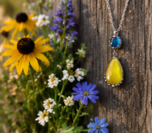 Round Blue morpho with teardrop lemon drop butterfly pendant