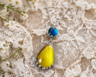 Round Blue morpho with teardrop lemon drop butterfly pendant