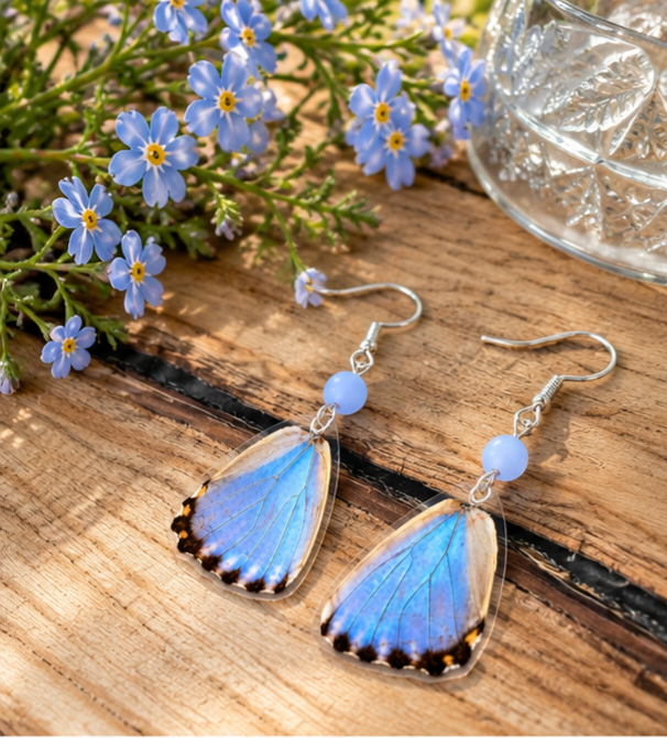 Morpho Portis Butterfly Laminated Hindwing Earrings with Lavender Glass Beads
