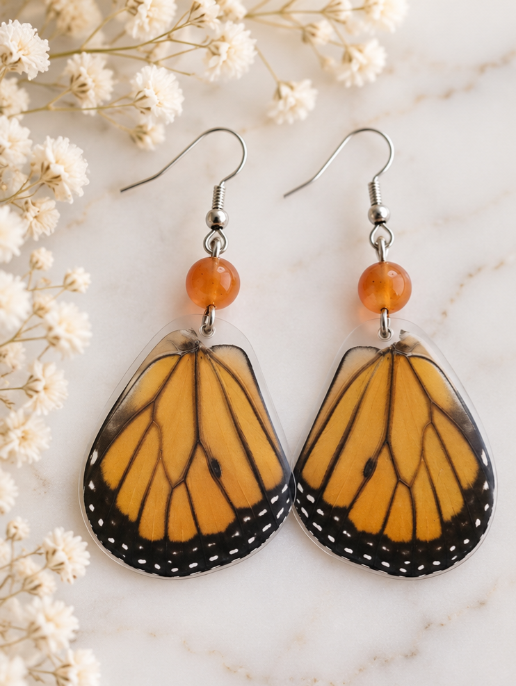 Monarch Butterfly Laminated Hindwing Earrings with Orange Jasper