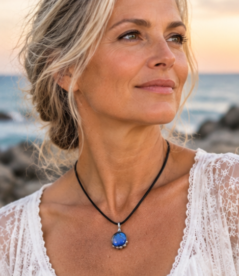 Blue morpho menelaus domed round 18" suede necklace