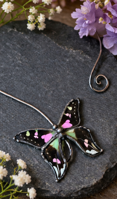 Purple (Pink) Spotted Swallowtail Butterfly Silver-Tone Torc