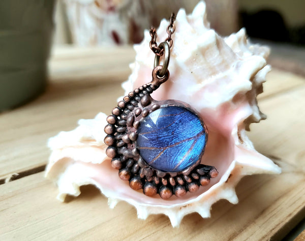 Blue Morpho Butterfly Copper Moon Necklace