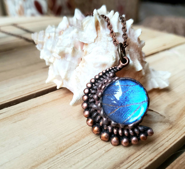 Blue Morpho Butterfly Copper Moon Necklace