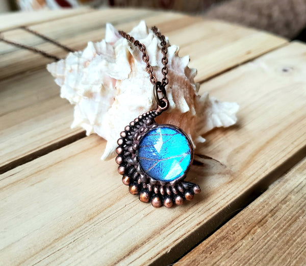 Blue Morpho Butterfly Copper Moon Necklace