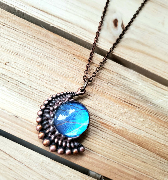 Blue Morpho Butterfly Copper Moon Necklace