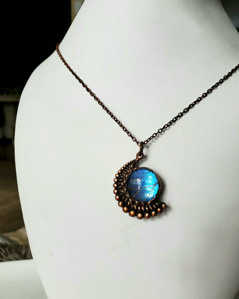 Blue Morpho Butterfly Copper Moon Necklace