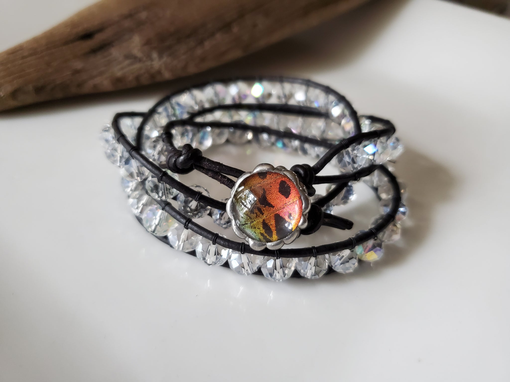 Clear Crystal Leather Wrap Bracelet with Sunset Moth