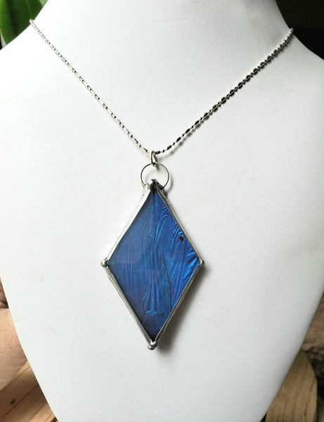 Faceted Glass Blue Morpho Diamond Pendant, Spear Shaped Pendant