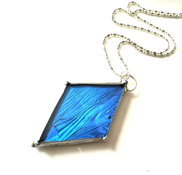 Faceted Glass Blue Morpho Diamond Pendant, Spear Shaped Pendant