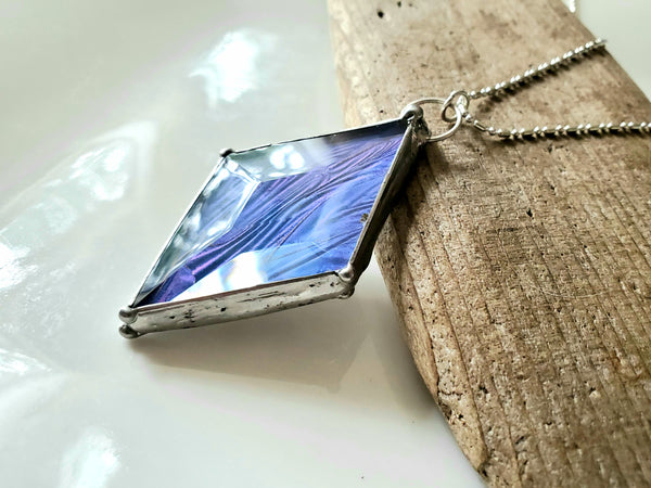 Faceted Glass Blue Morpho Diamond Pendant, Spear Shaped Pendant