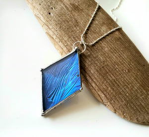 Faceted Glass Blue Morpho Diamond Pendant, Spear Shaped Pendant