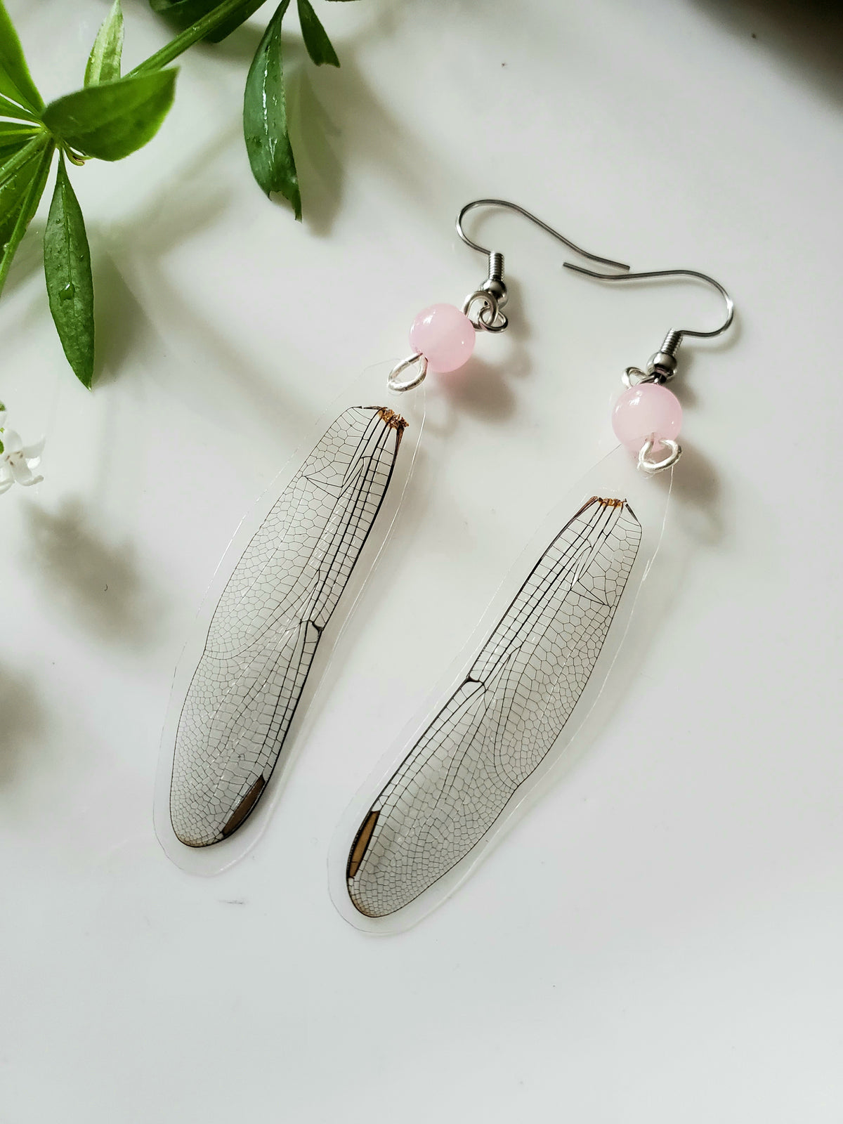 Small Dragonfly Wing Pink Glass Bead Earrings