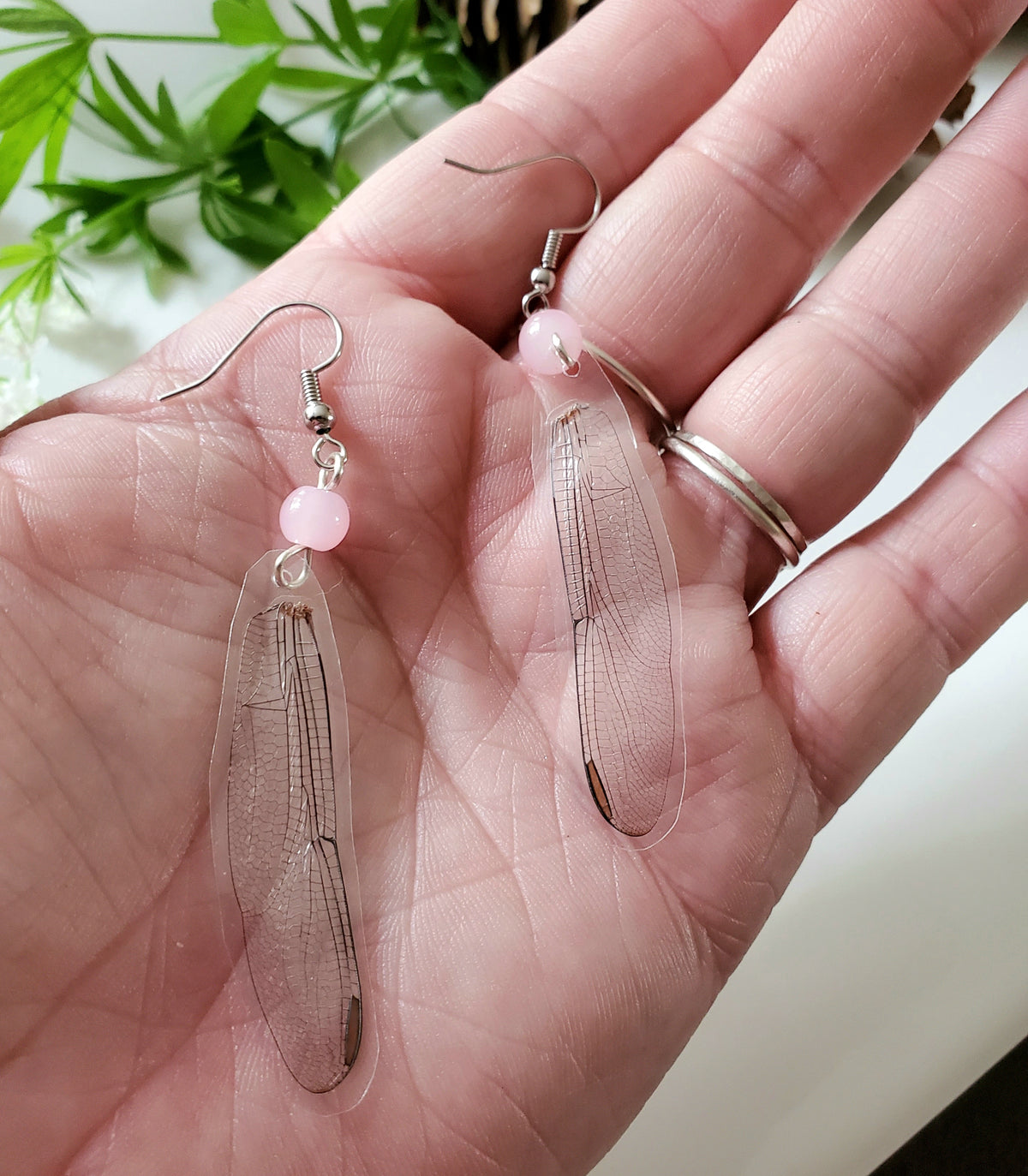 Small Dragonfly Wing Pink Glass Bead Earrings