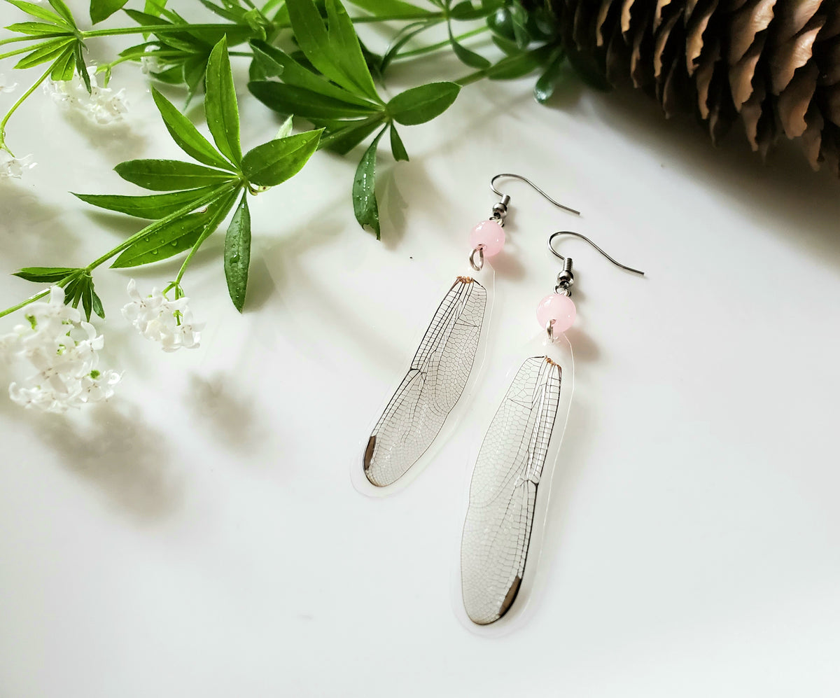 Small Dragonfly Wing Pink Glass Bead Earrings