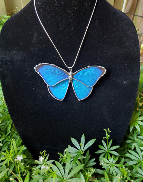 Full Blue Butterfly Butterfly Necklace, Blue Morpho Butterfly Pendant