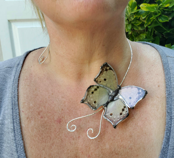 Mother Of Pearl Butterfly Choker, Real Butterfly Wing Torc, Grey Spotted Butterfly Jewelry