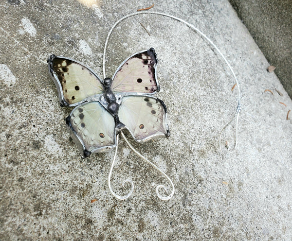 Mother Of Pearl Butterfly Choker, Real Butterfly Wing Torc, Grey Spotted Butterfly Jewelry