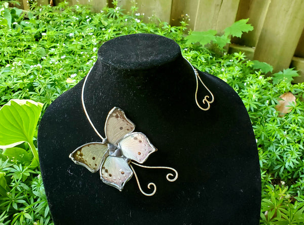Mother Of Pearl Butterfly Choker, Real Butterfly Wing Torc, Grey Spotted Butterfly Jewelry