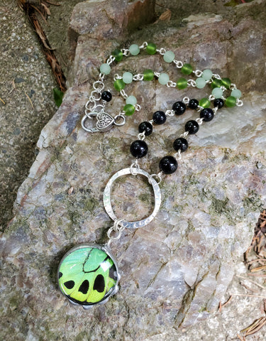 Green Butterfly Necklace with Agate and Seaglass Beads