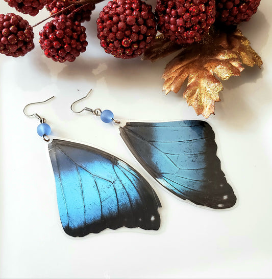 Morpho Peleides Blue Forewing Frosted Glass Earrings