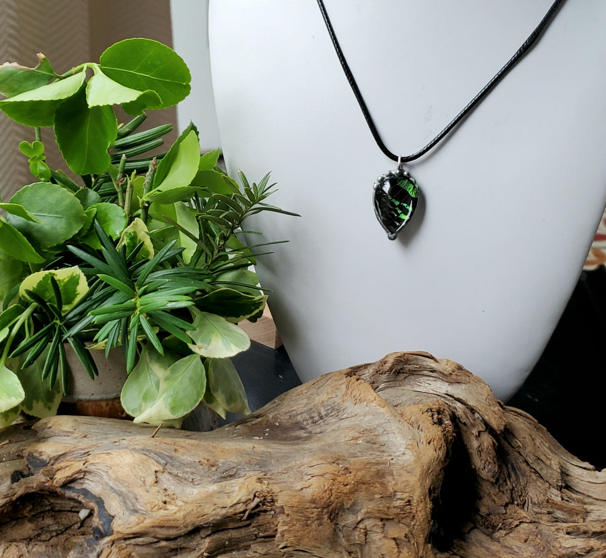 Madagascan Sunset Moth Green Forewing Teardrop Pendant