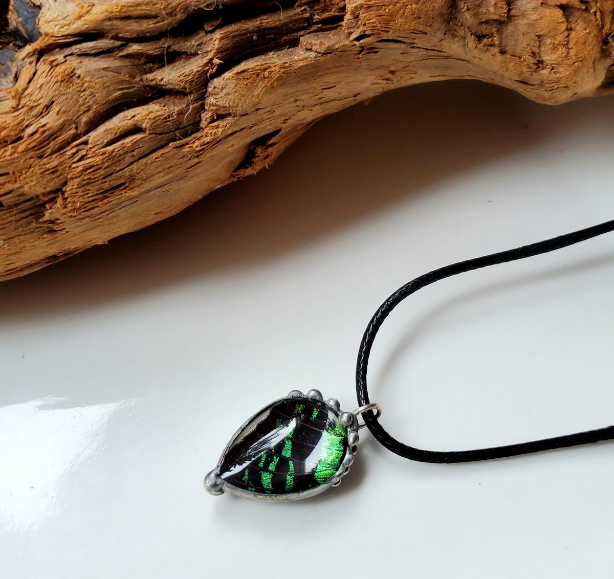 Madagascan Sunset Moth Green Forewing Teardrop Pendant