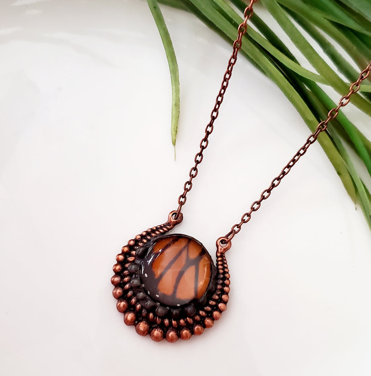 Monarch Butterfly Wing Round Copper Pendant