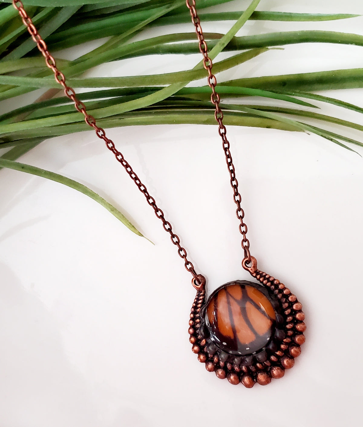 Monarch Butterfly Wing Round Copper Pendant