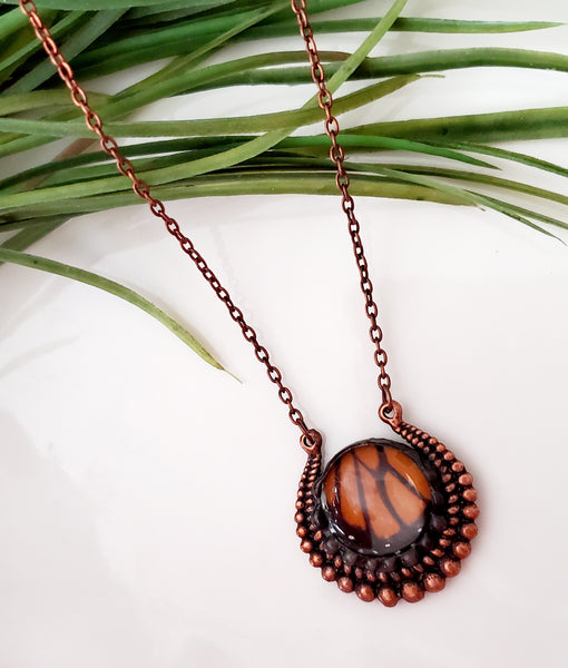 Monarch Butterfly Round Copper Necklace