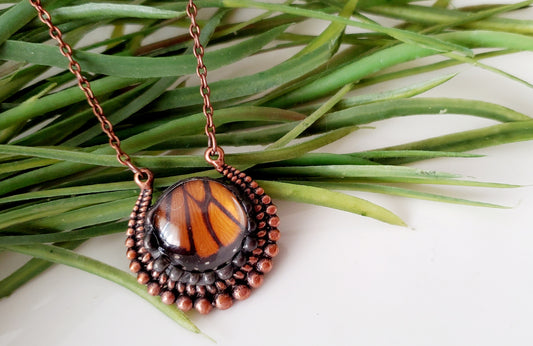Monarch Butterfly Wing Round Copper Pendant