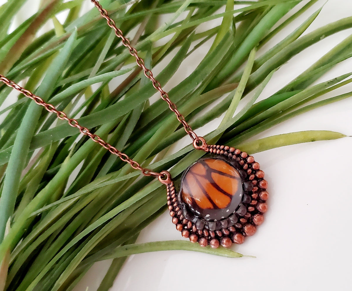Monarch Butterfly Wing Round Copper Pendant