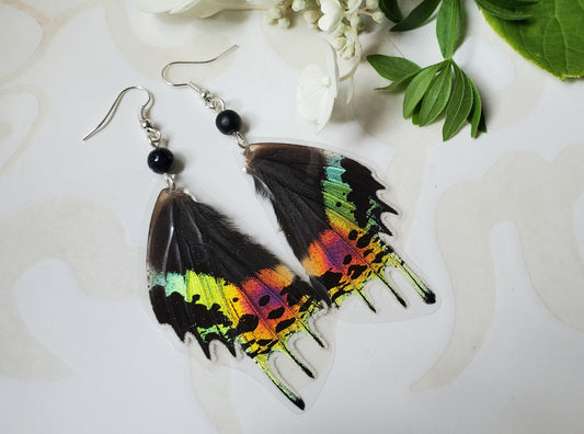 Madagascan Sunset Moth Hindwing Black Agate Earrings
