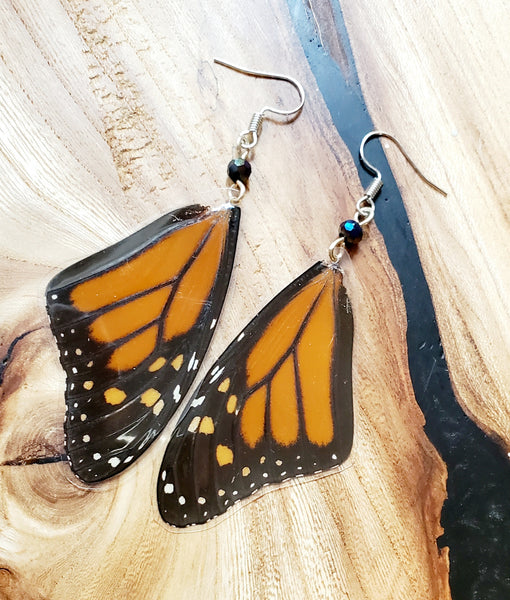 Monarch Butterfly Wing Earrings with Black Aurora Borealis Crystals