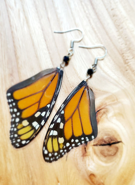 Monarch Butterfly Wing Earrings with Black Aurora Borealis Crystals