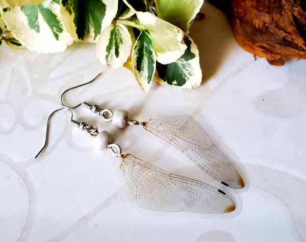 Dragonfly Wing Earrings with Shell Beads, Debra's Divine Designs