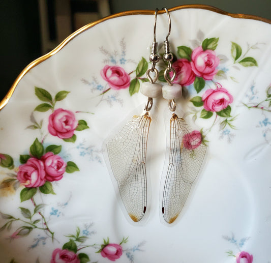 Dragonfly Wing and Shell Bead Earrings
