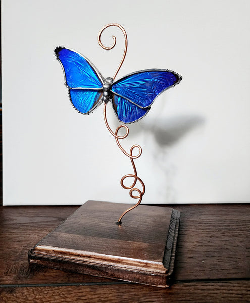 Rhetenor Blue Morpho Butterfly Glass Display Stand