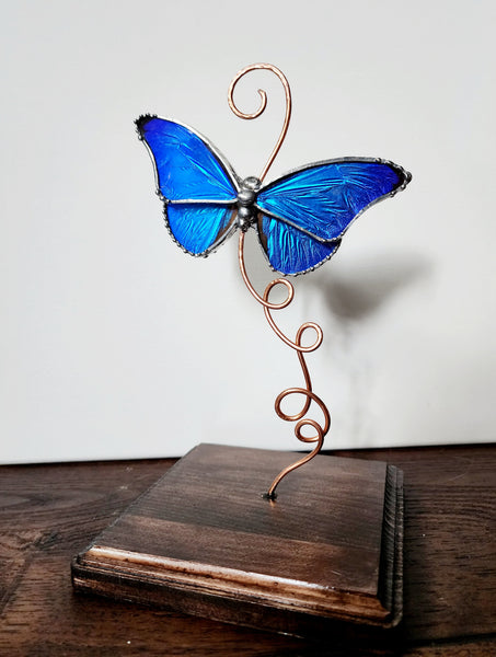 Rhetenor Blue Morpho Butterfly Glass Display Stand