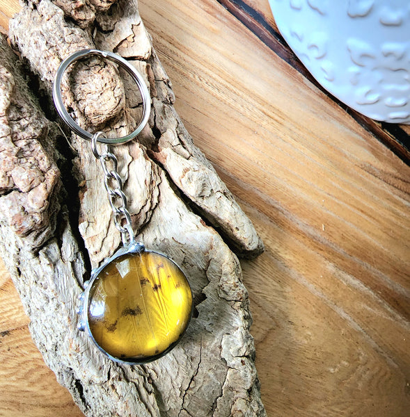 Yellow Butterfly Wing Stainless Steel Keyring