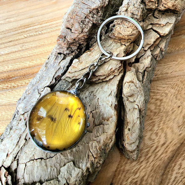 Yellow Butterfly Wing Stainless Steel Keyring