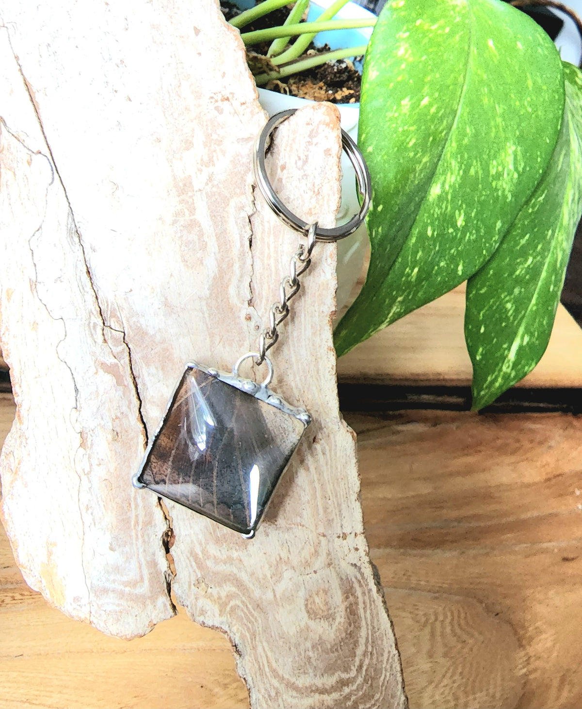 Square Keychain with Light Tan and Blue Butterfly