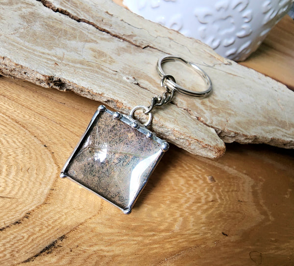 Square Keychain with Light Tan and Blue Butterfly