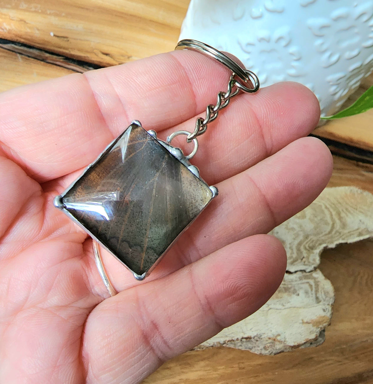 Square Keychain with Light Tan and Blue Butterfly